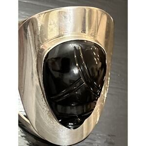 Vintage Handmade Sterling Silver 925 Carved Face Mask Black Onyx Cuff BRACELET